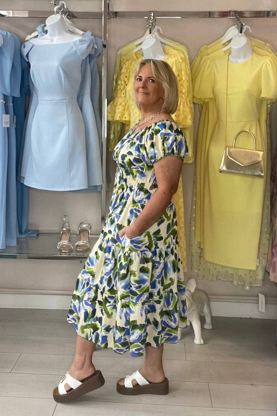 Green & Blue Mixed Abstract Shirred Waist Midi Summer Dress