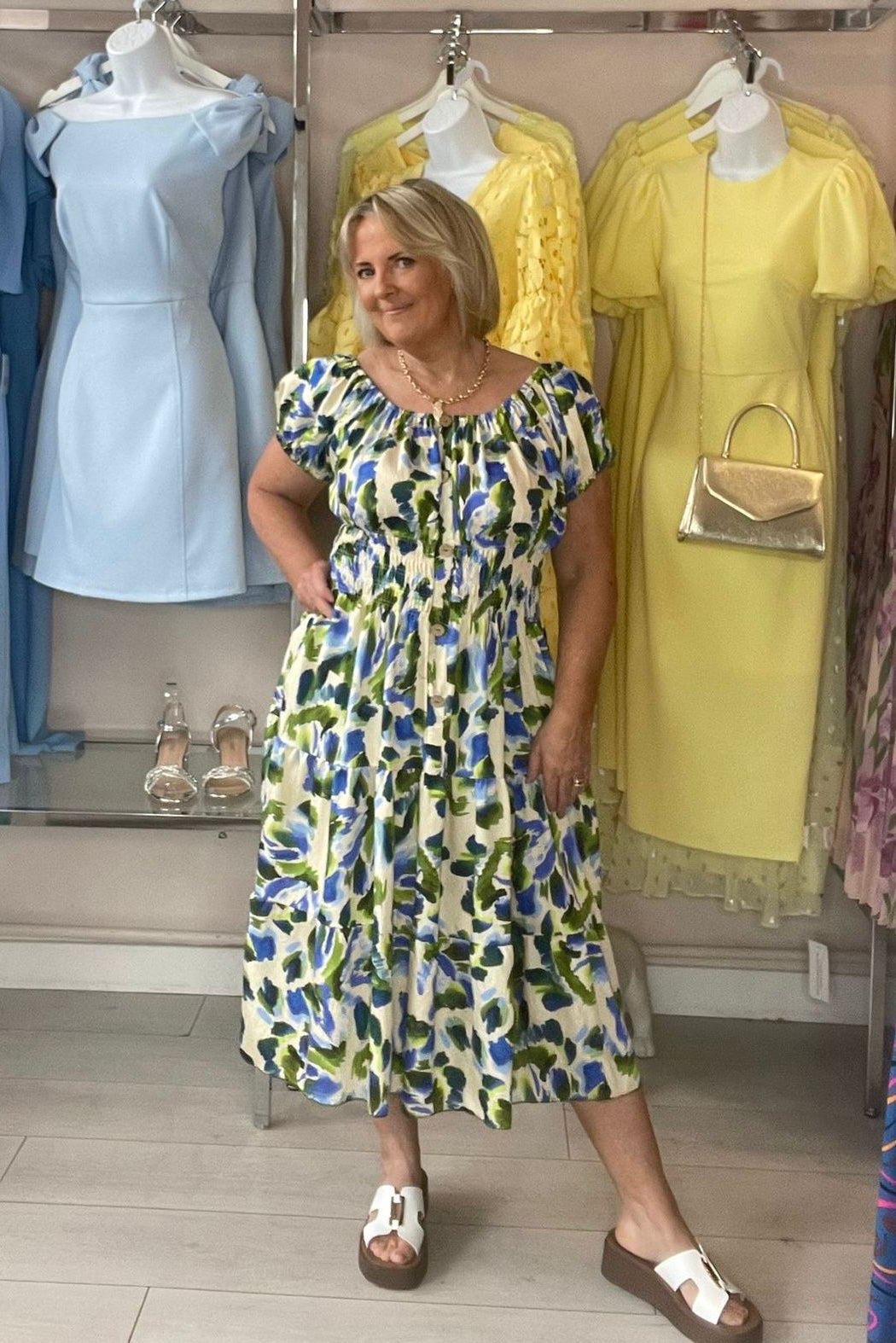 Green & Blue Mixed Abstract Shirred Waist Midi Summer Dress