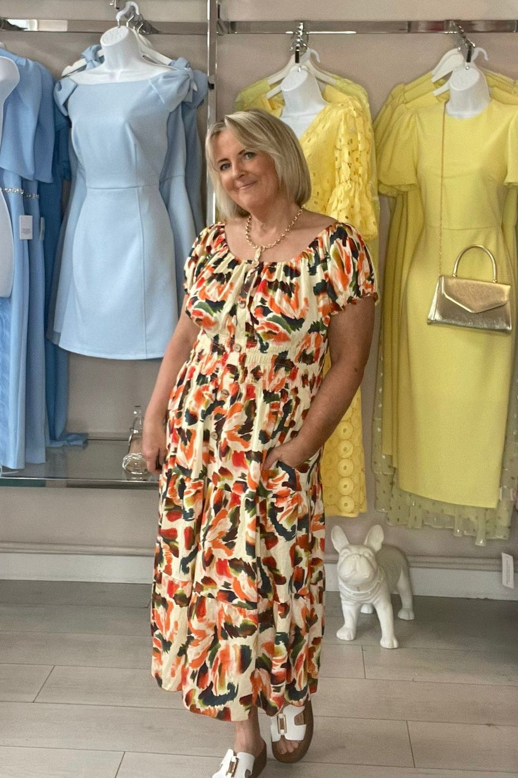 Orange & Teal Mixed Abstract Shirred Waist Midi Summer Dress