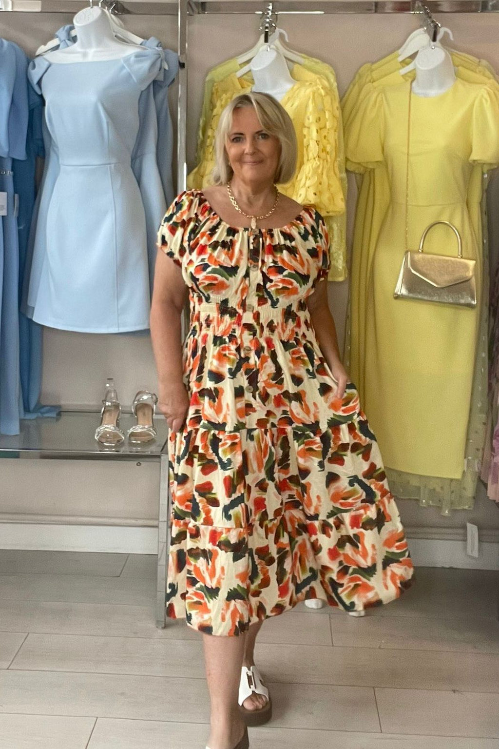 Orange & Teal Mixed Abstract Shirred Waist Midi Summer Dress