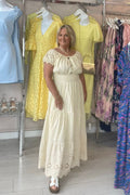Beige Broderie Anglais Shirred Waist Maxi Summer Dress