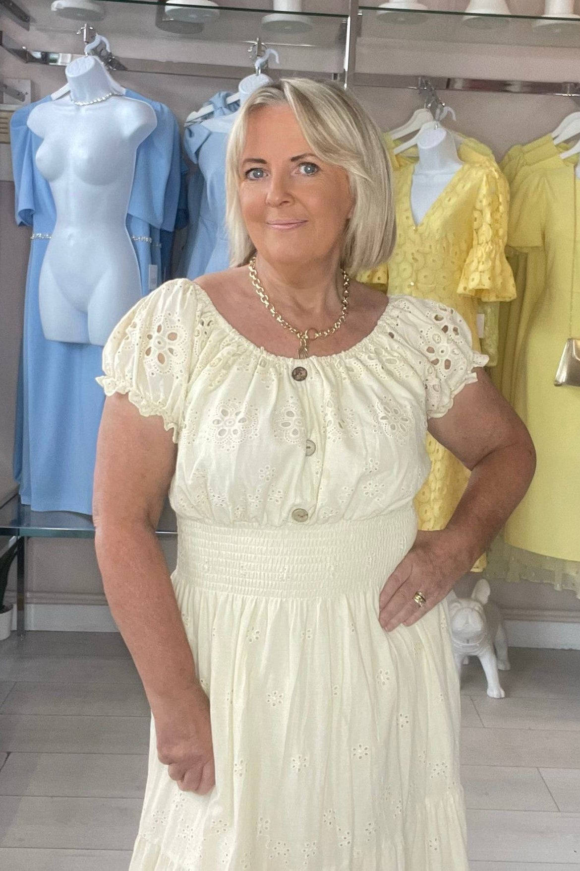 Beige Broderie Anglais Shirred Waist Maxi Summer Dress