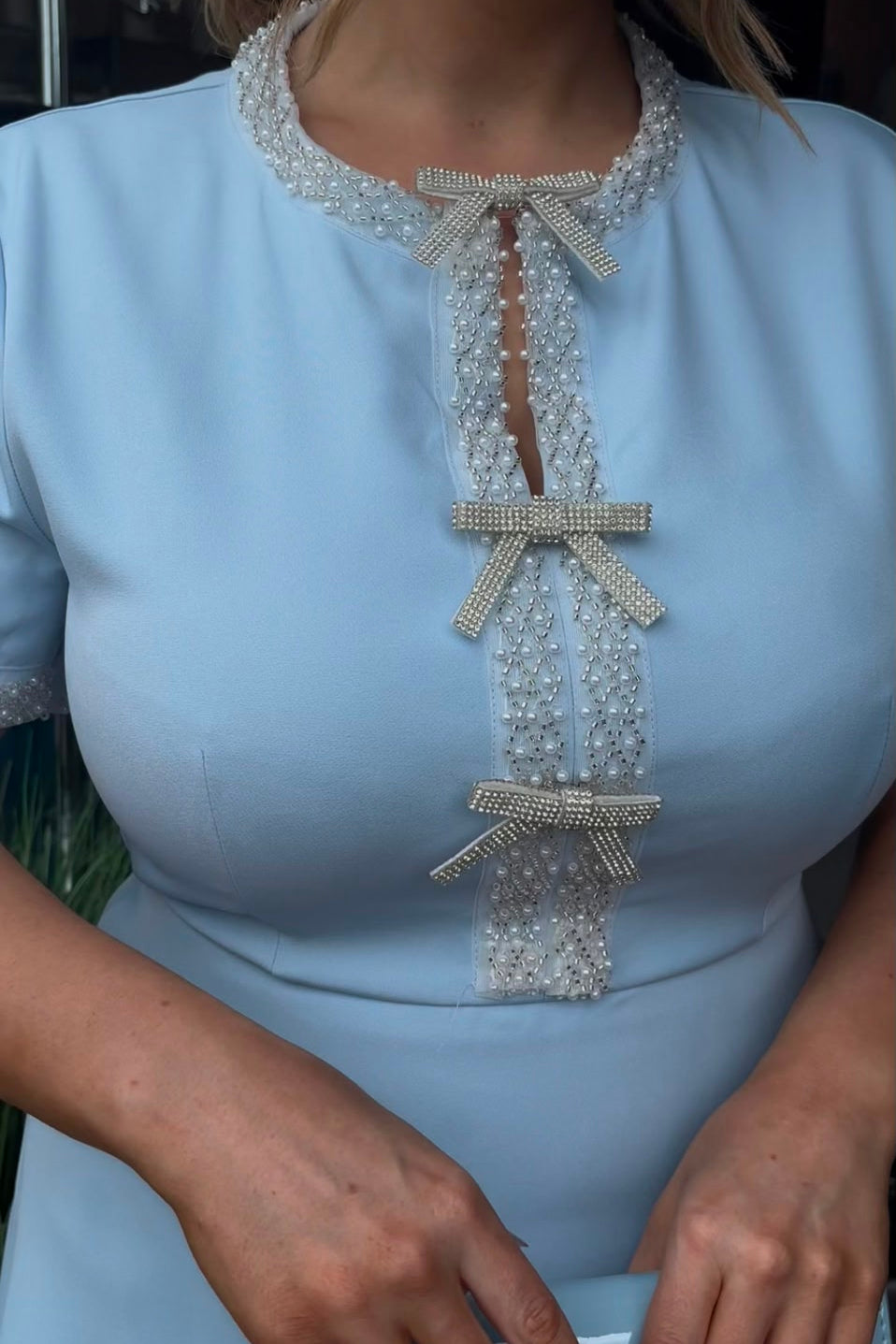 Baby Blue Pearl & Crystal Bow A Line Midi Dress