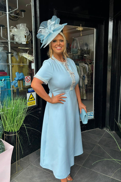 Baby Blue Pearl & Crystal Bow A Line Midi Dress