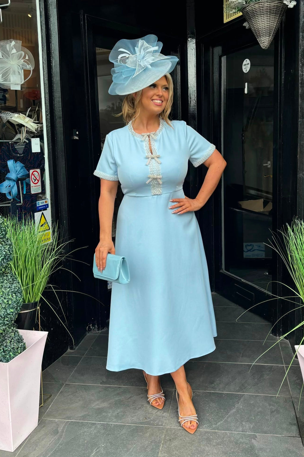 Baby Blue Pearl & Crystal Bow A Line Midi Dress