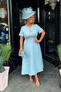 Baby Blue Pearl & Crystal Bow A Line Midi Dress