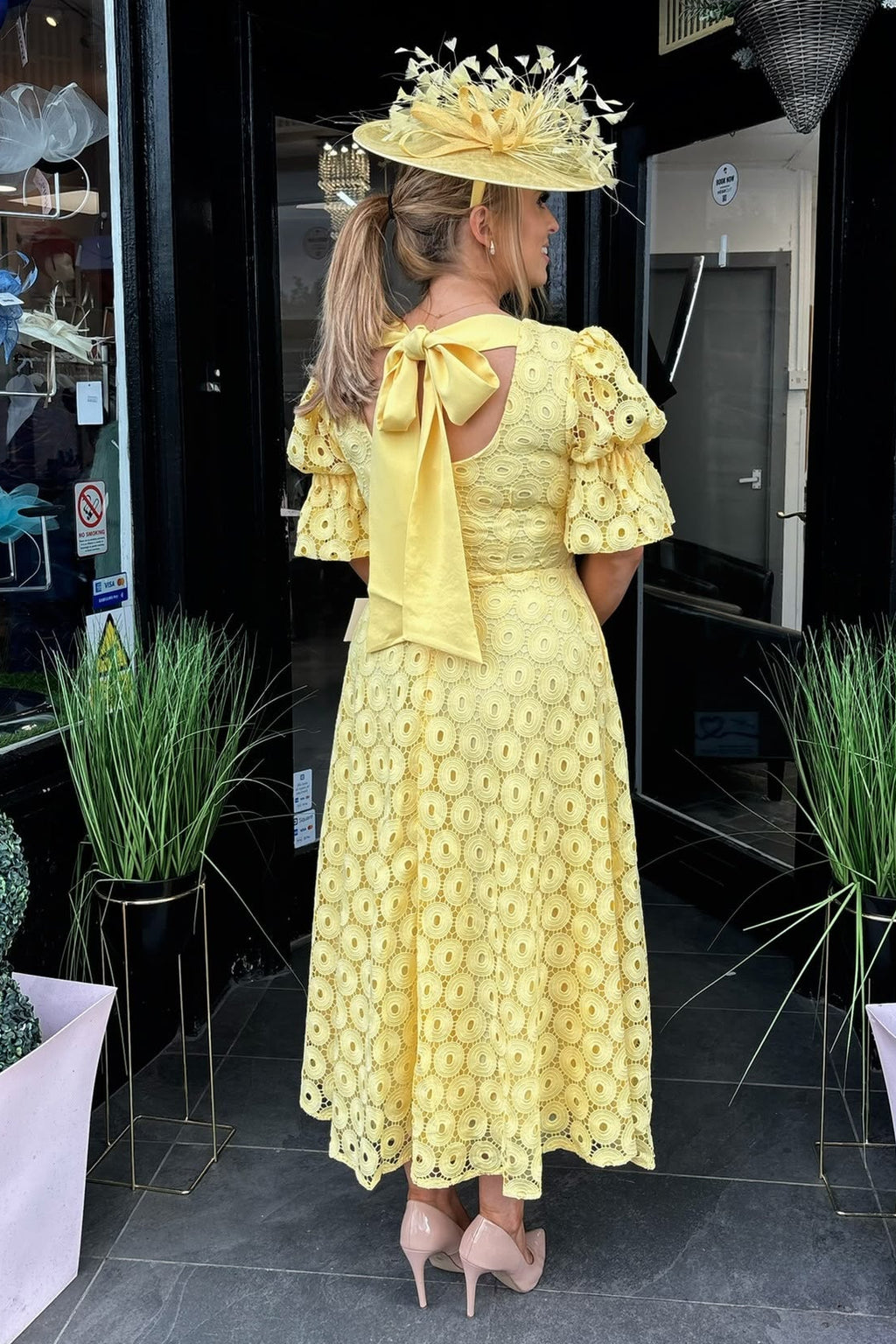 8th Sign Lemon Crochet Lace Bow Back Midi Dress