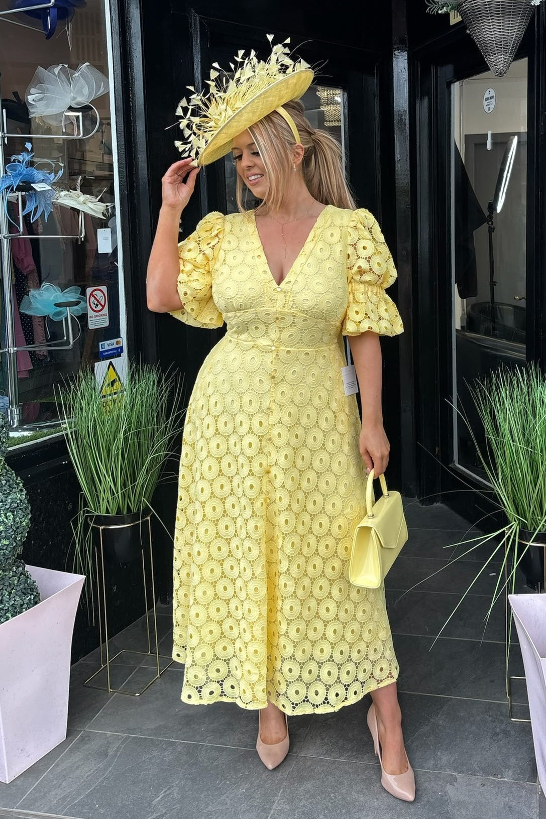 8th Sign Lemon Crochet Lace Bow Back Midi Dress
