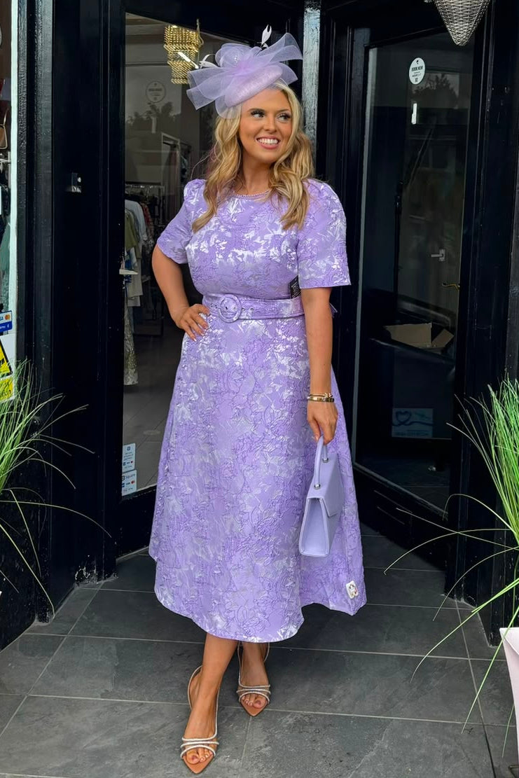Lilac Jacquard Short Sleeve Ocassion Midi Dress
