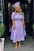 Lilac Jacquard Short Sleeve Ocassion Midi Dress