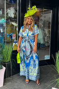 Mixed Blue & Lime Paisley Print Satin Shirt Maxi Dress