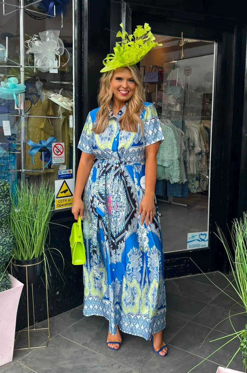 Mixed Blue & Lime Paisley Print Satin Shirt Maxi Dress