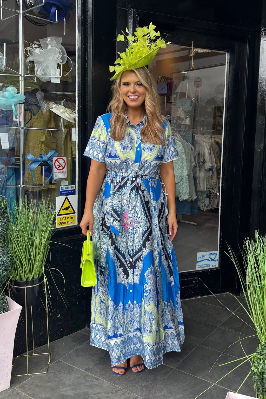 Mixed Blue & Lime Paisley Print Satin Shirt Maxi Dress