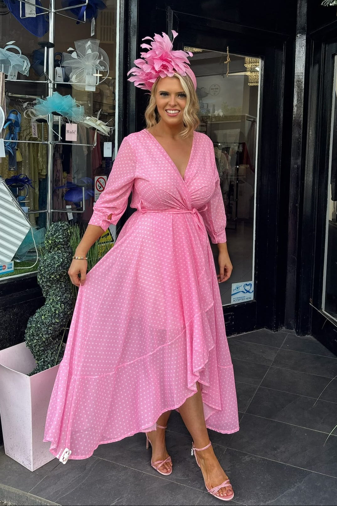 Kate & Pippa Candy Pink & White Polka Dot Faux Wrap Midi Dress