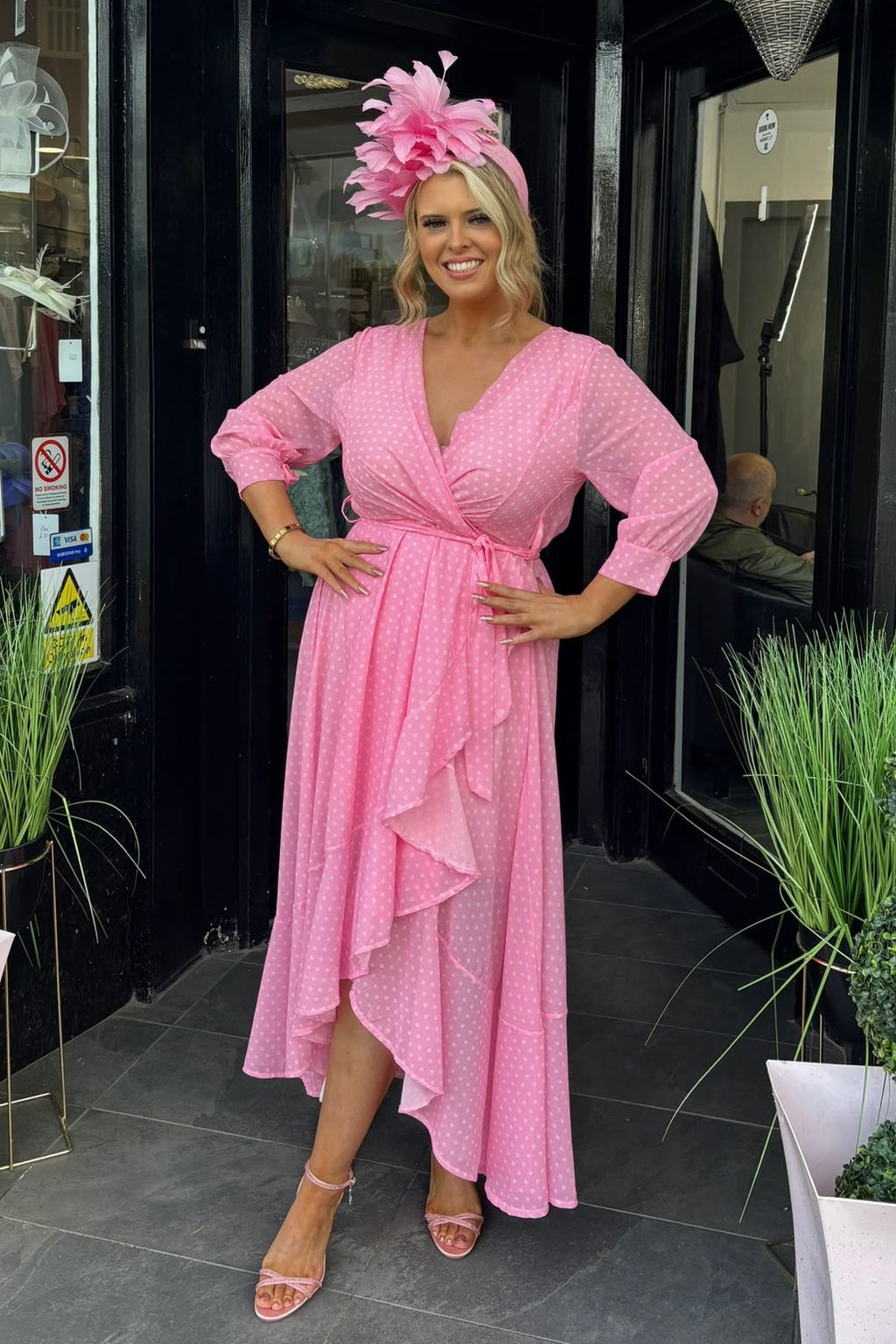 Kate & Pippa Candy Pink & White Polka Dot Faux Wrap Midi Dress