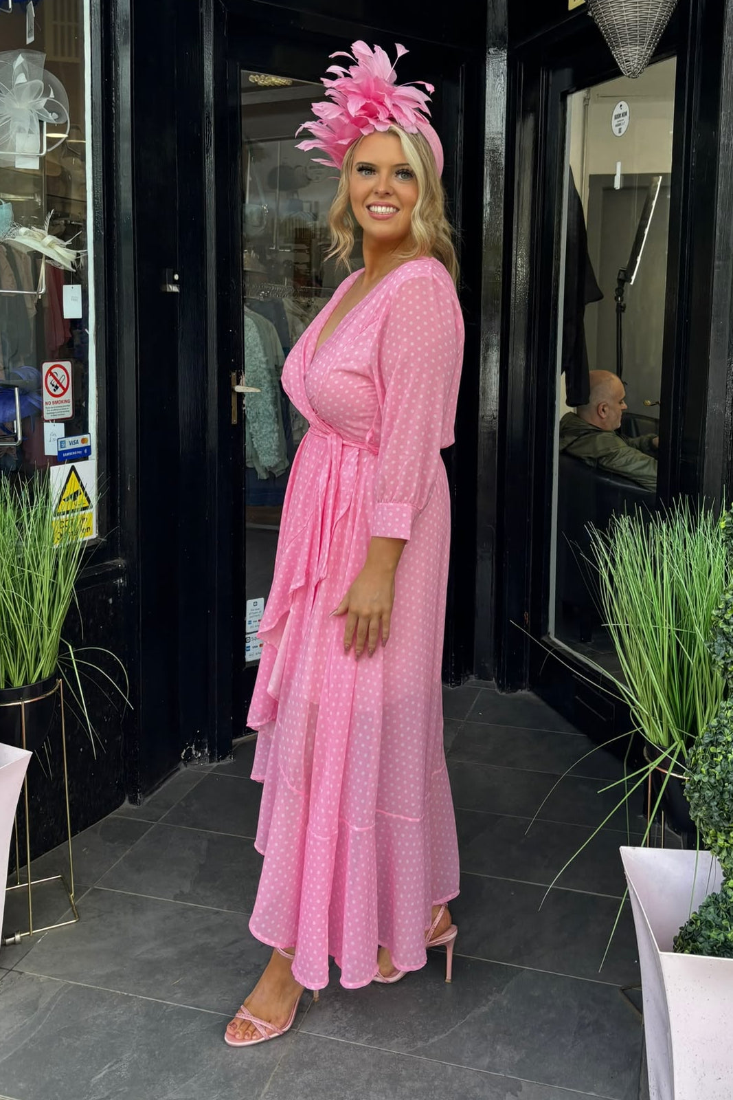Kate & Pippa Candy Pink & White Polka Dot Faux Wrap Midi Dress