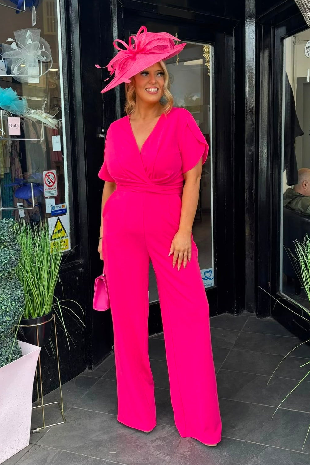 Hot Pink Twist Front Wide Leg Jumpsuit