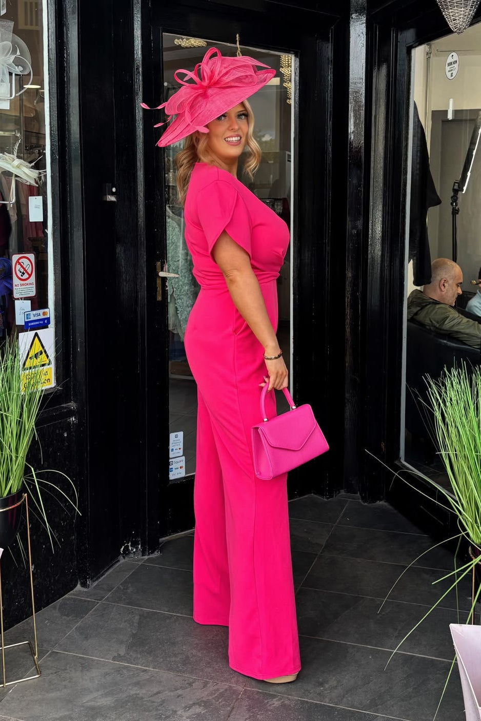 Hot Pink Twist Front Wide Leg Jumpsuit