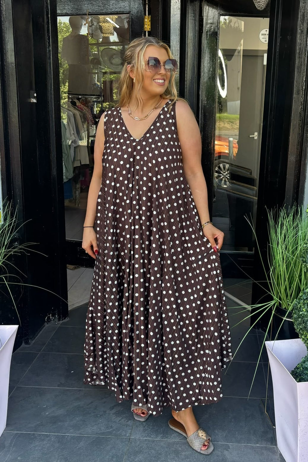 Chocolate Brown & Cream Polka Dot Gold Lurex Maxi Summer Dress
