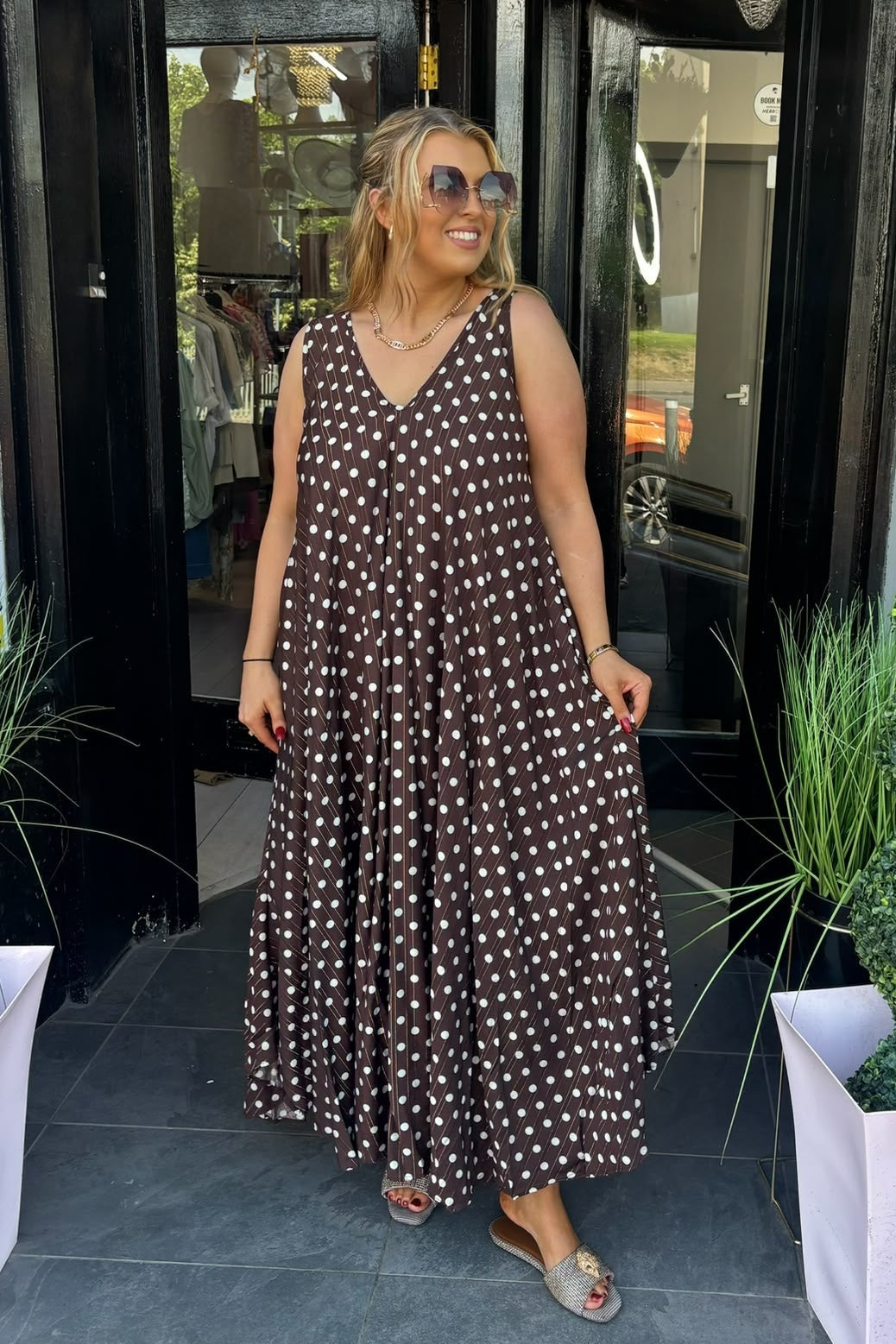 Chocolate Brown & Cream Polka Dot Gold Lurex Maxi Summer Dress