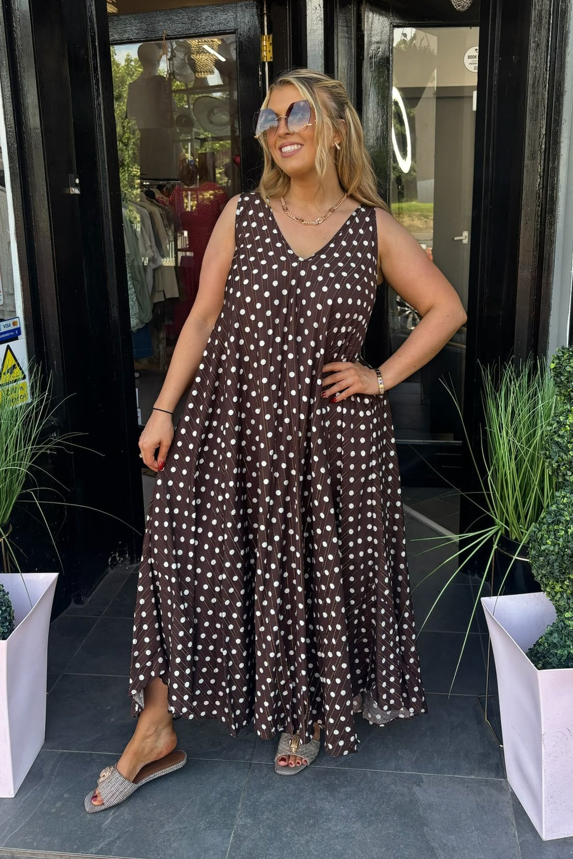 Chocolate Brown & Cream Polka Dot Gold Lurex Maxi Summer Dress