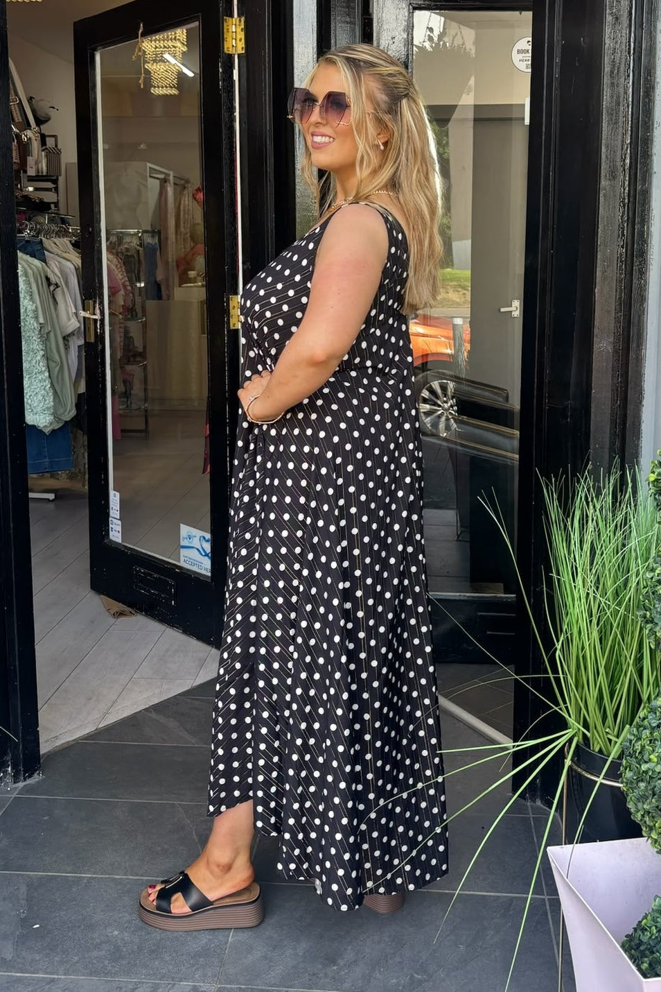 Black & Cream Polka Dot Gold Lurex Maxi Summer Dress