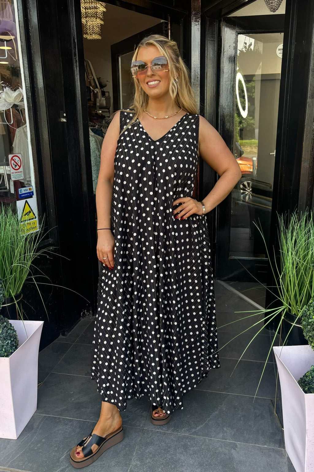 Black & Cream Polka Dot Gold Lurex Maxi Summer Dress