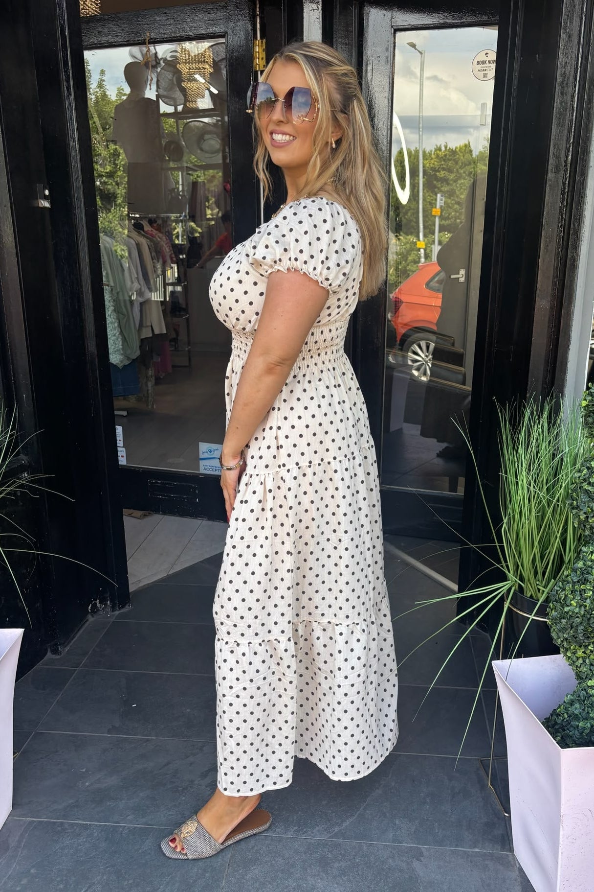 Cream & Brown Polka Dot Shirred Waist Maxi Summer Dress