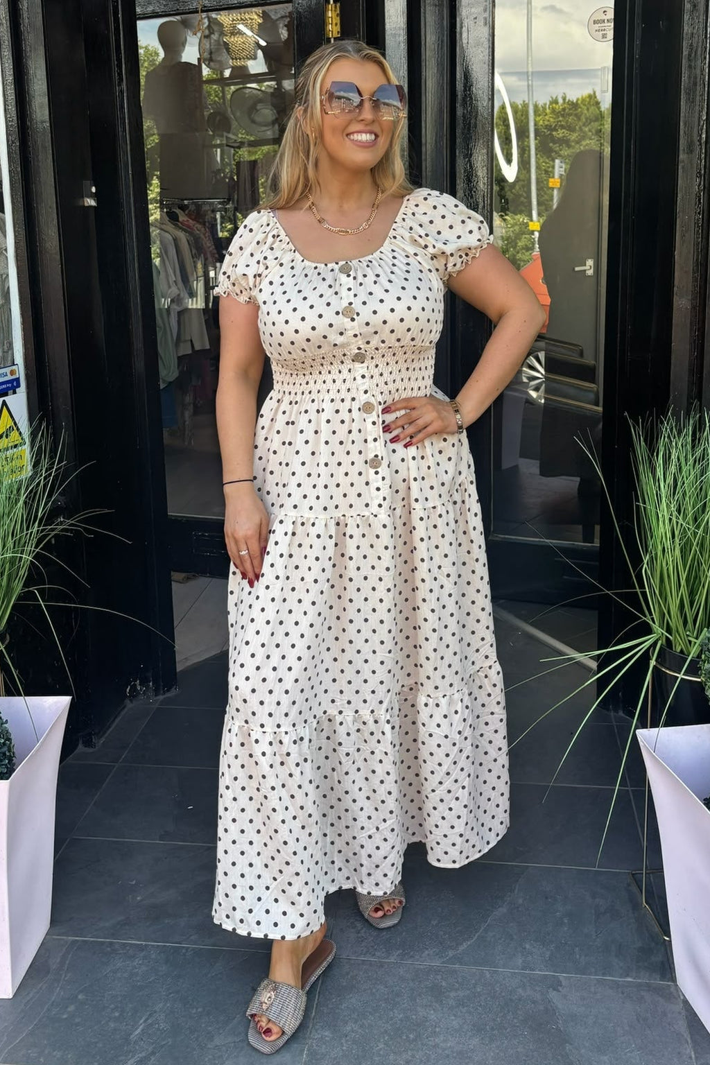 Cream & Brown Polka Dot Shirred Waist Maxi Summer Dress