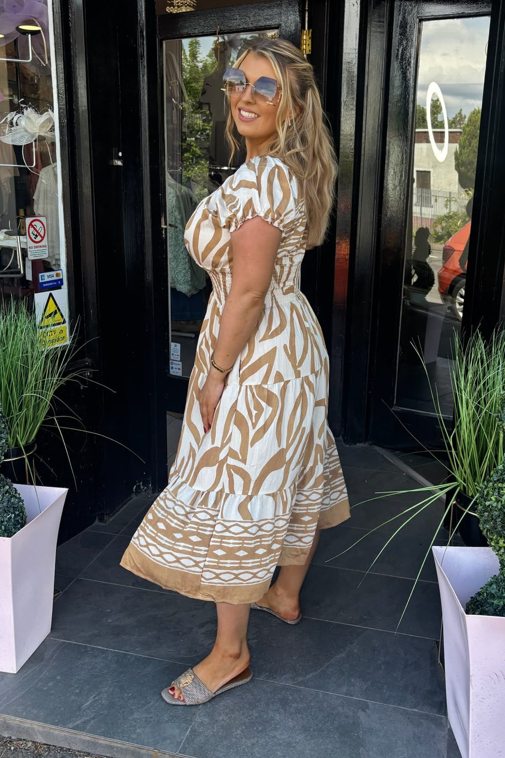 Beige & Cream Abstract Shirred Waist Midi Summer Dress