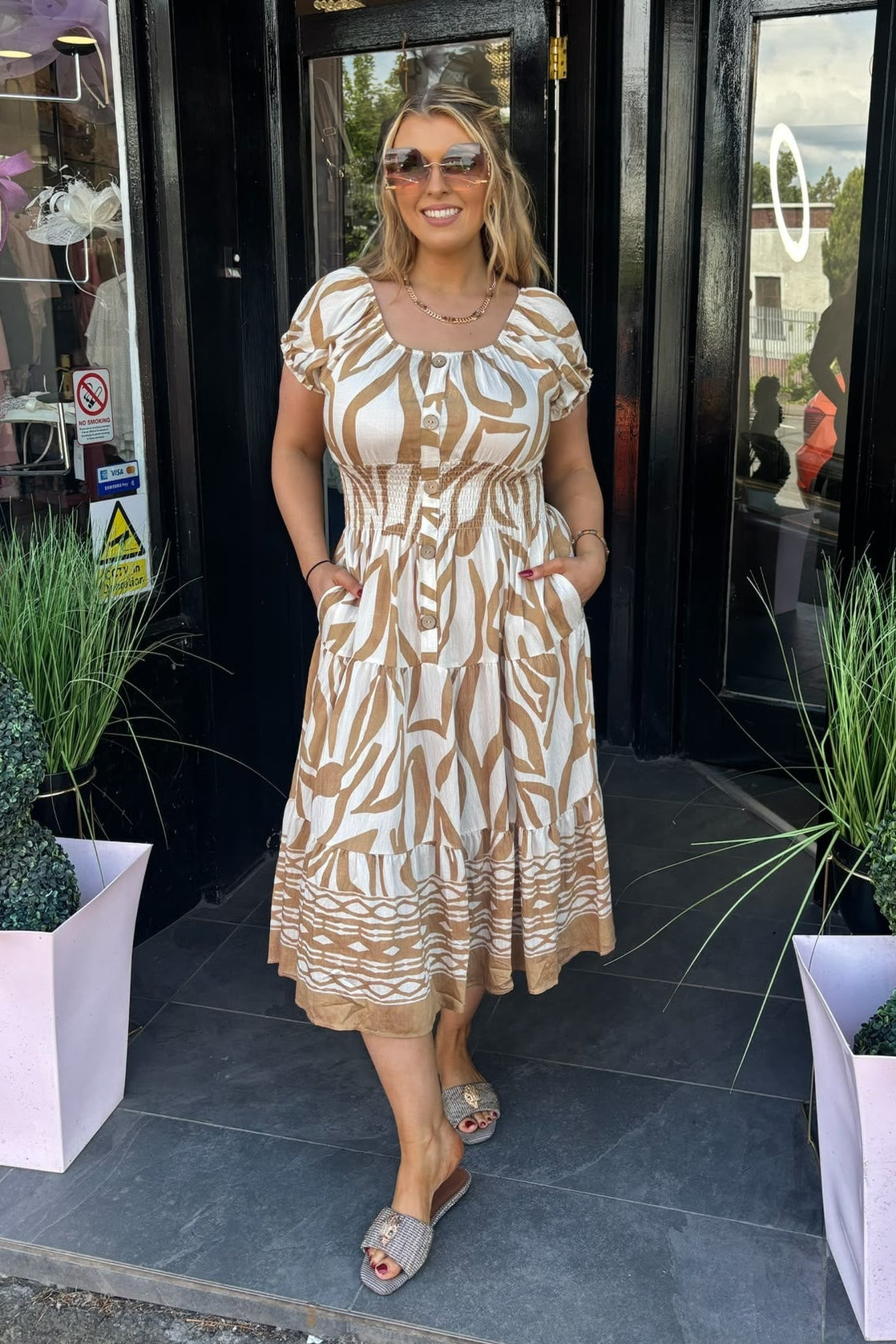 Beige & Cream Abstract Shirred Waist Midi Summer Dress