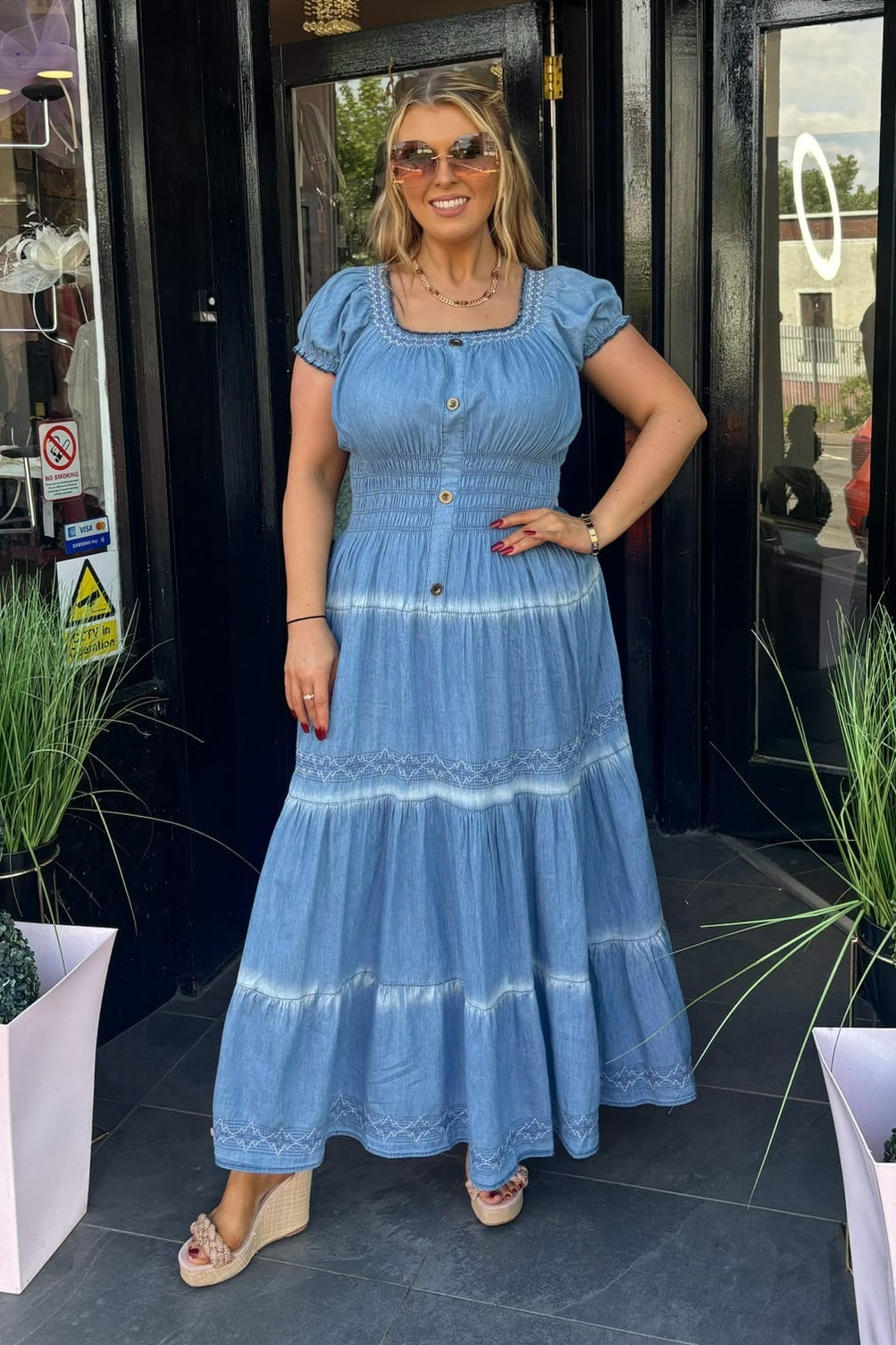 Denim Blue & White Embroidery Detail Shirred Waist Maxi Summer Dress
