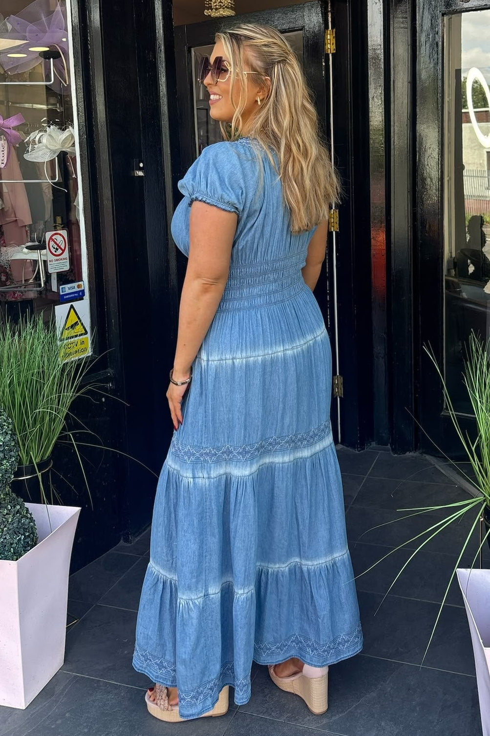 Denim Blue & White Embroidery Detail Shirred Waist Maxi Summer Dress
