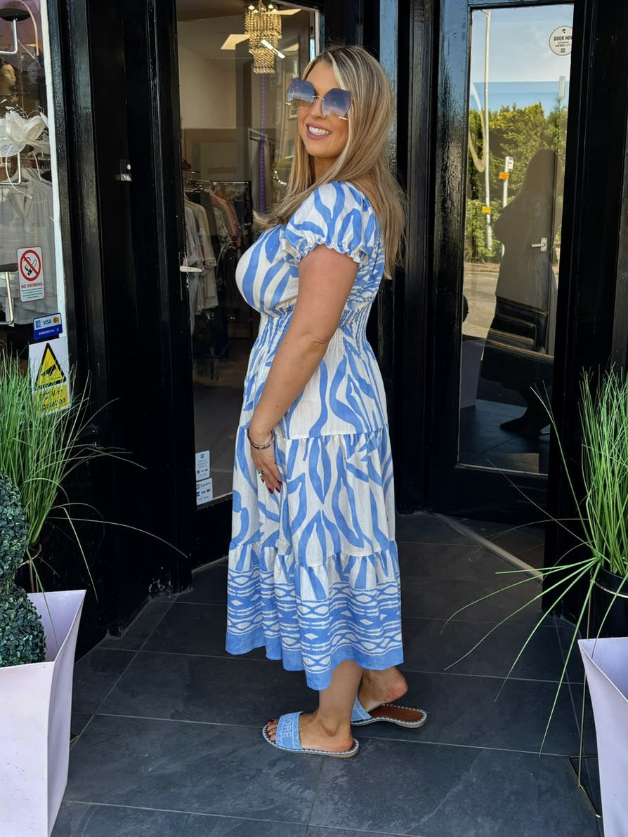 Blue & Cream Abstract Shirred Waist Midi Summer Dress
