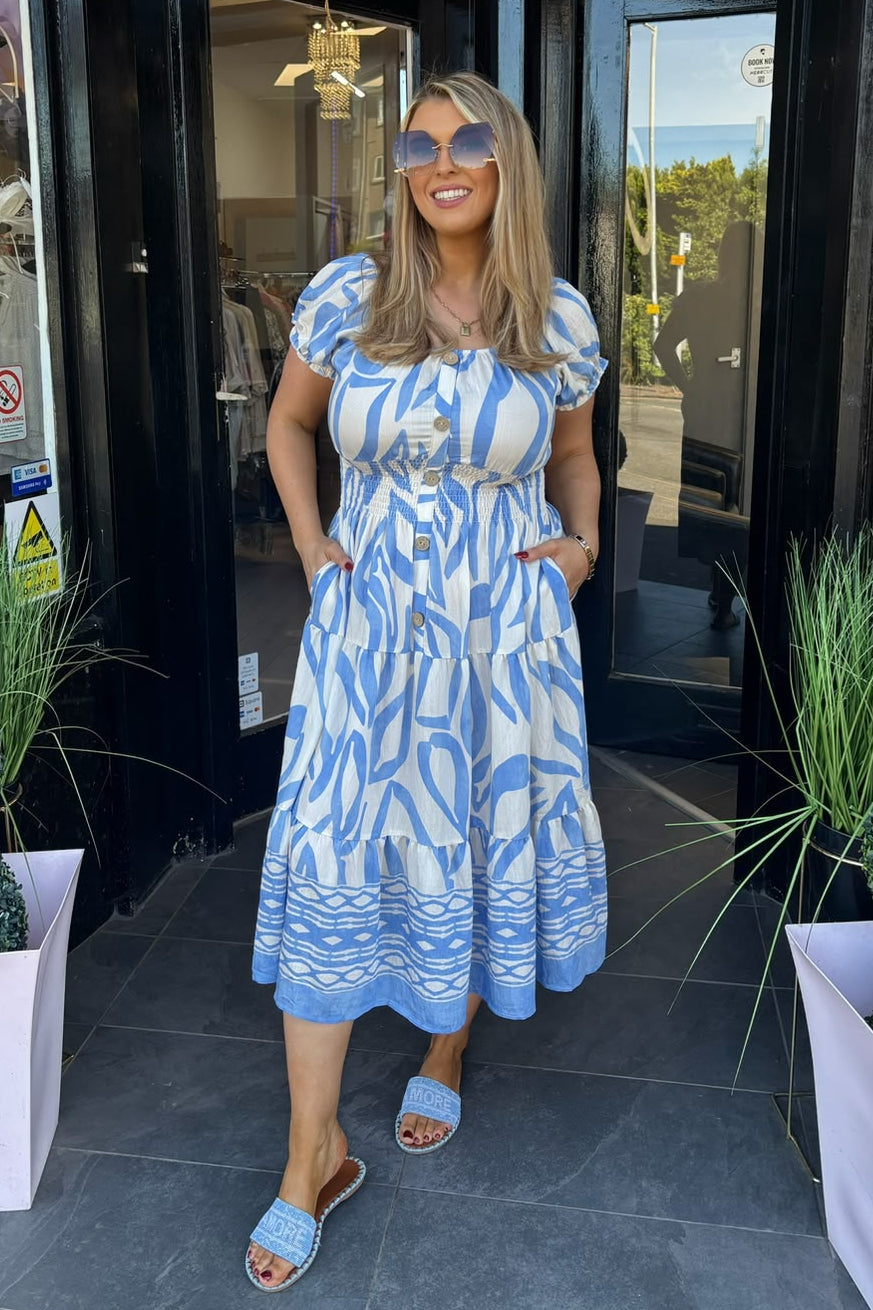 Blue & Cream Abstract Shirred Waist Midi Summer Dress