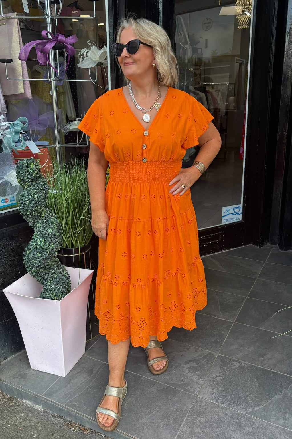 Orange Broderie Anglais Shirred Waist Midi Summer Dress