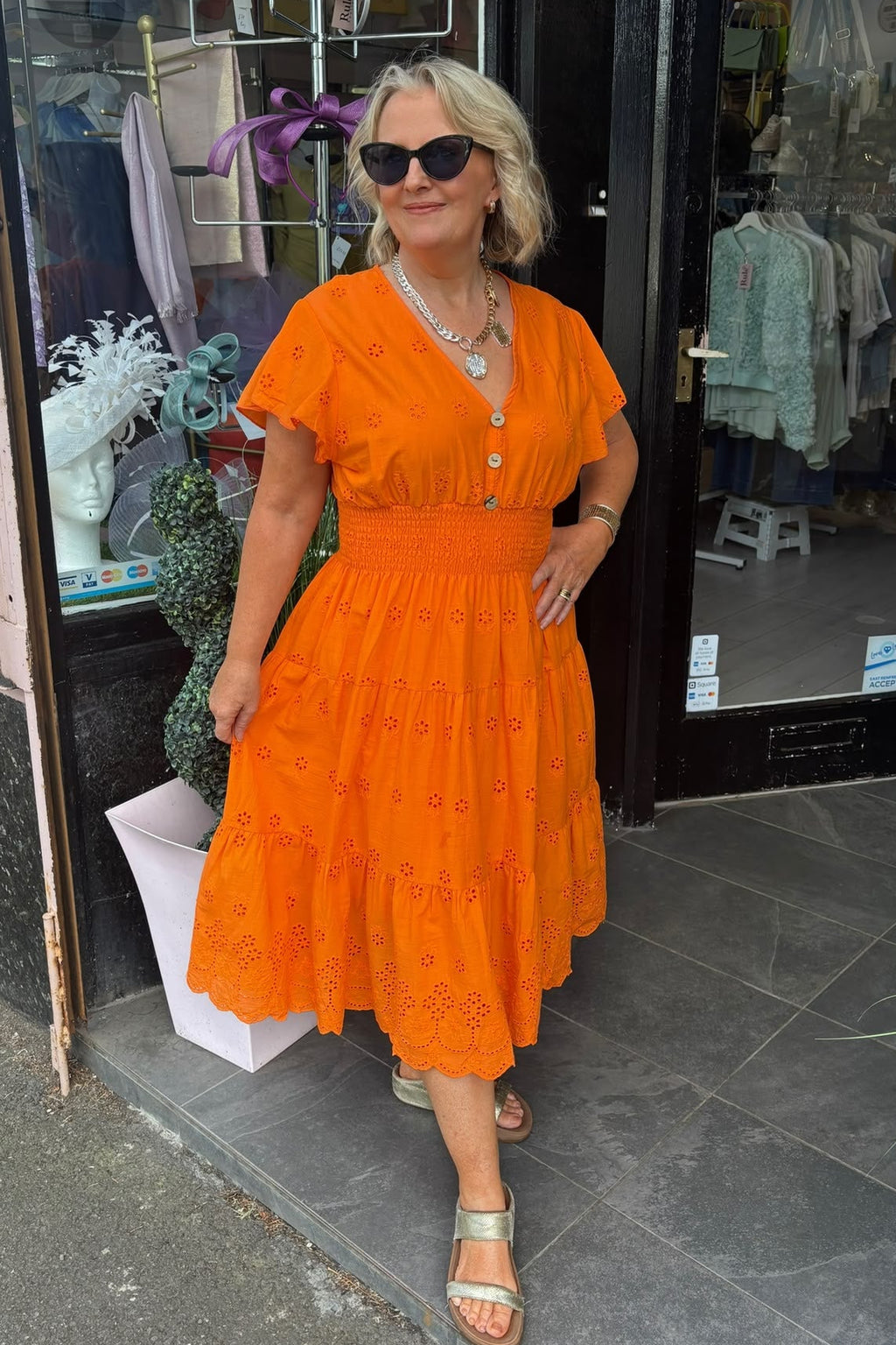 Orange Broderie Anglais Shirred Waist Midi Summer Dress