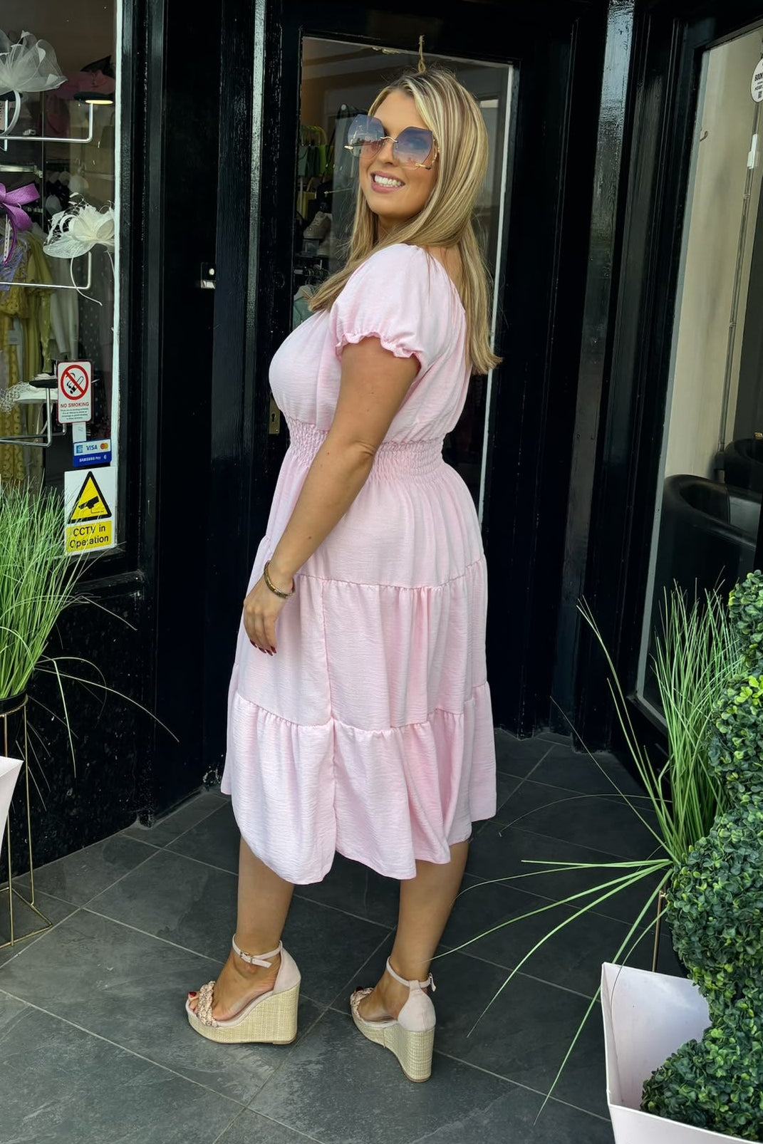 Plain Baby Pink Shirred Waist Midi Summer Dress