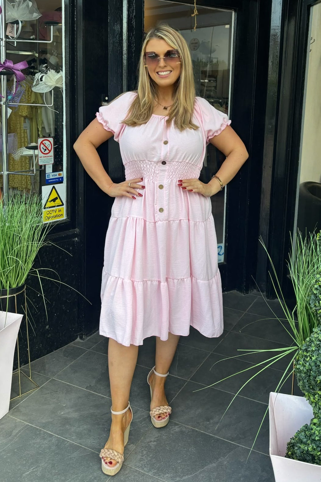 Plain Baby Pink Shirred Waist Midi Summer Dress