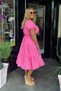 Plain Hot Pink Shirred Waist Midi Summer Dress