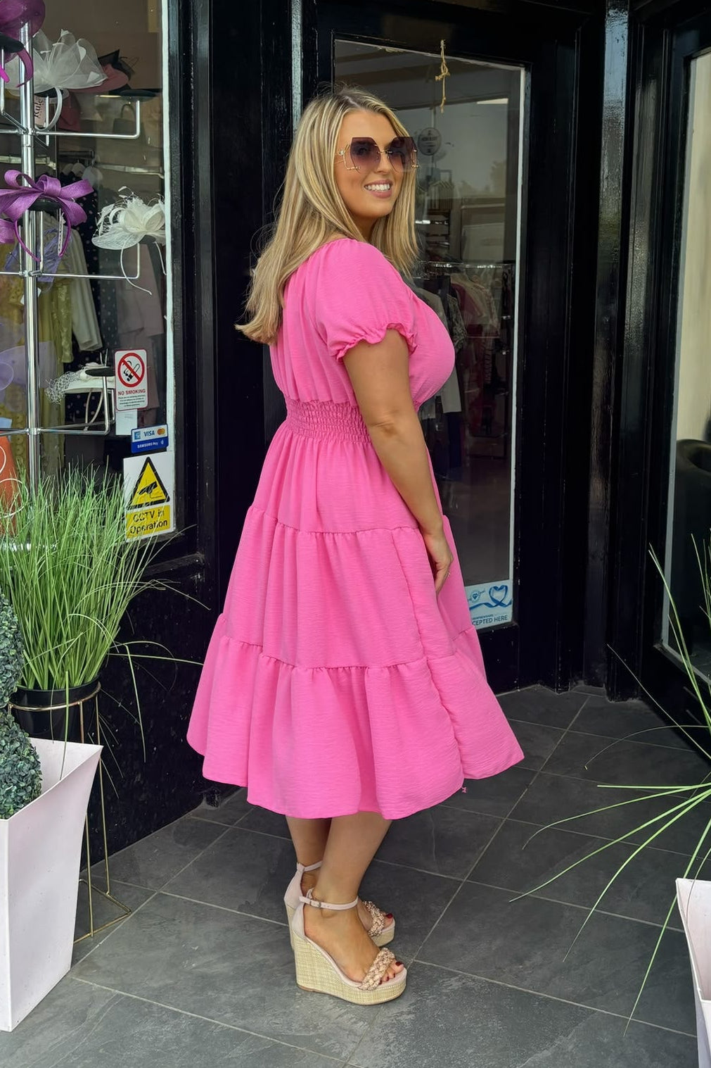 Plain Hot Pink Shirred Waist Midi Summer Dress