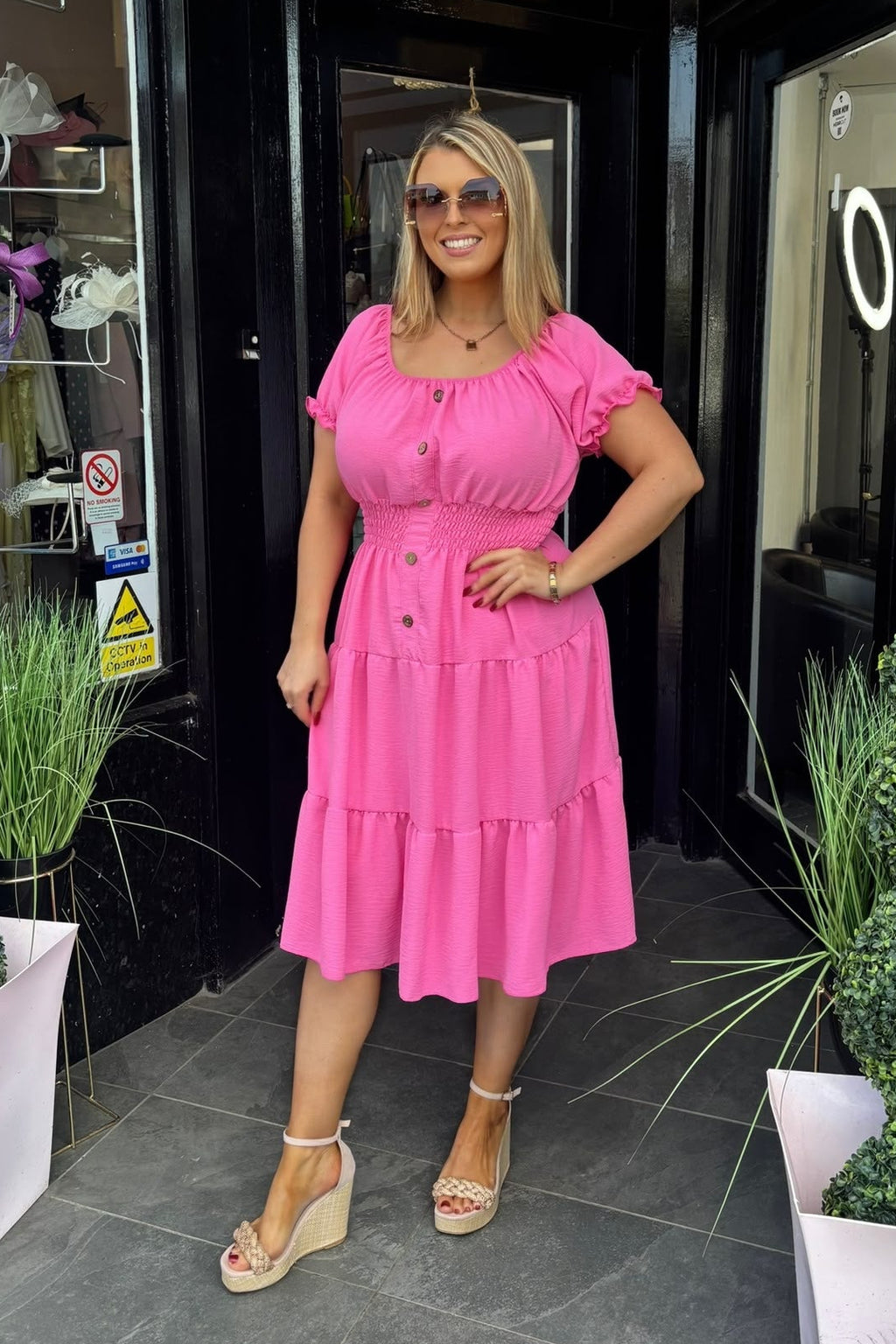 Plain Hot Pink Shirred Waist Midi Summer Dress