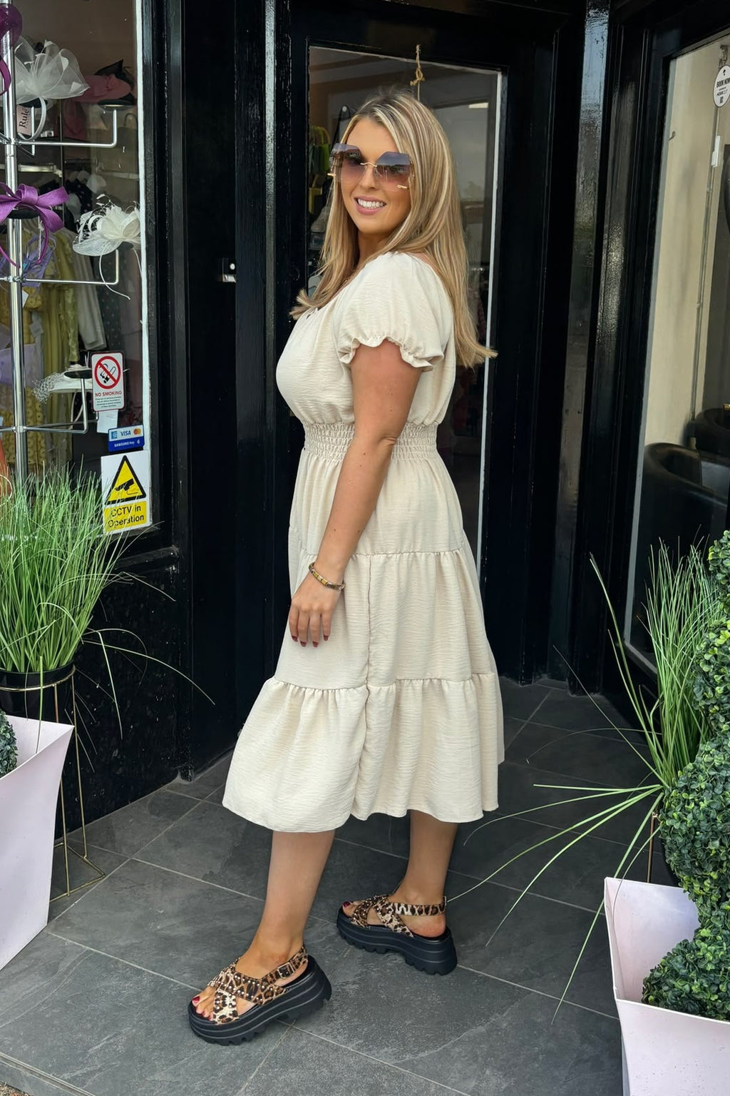 Plain Beige Shirred Waist Midi Summer Dress