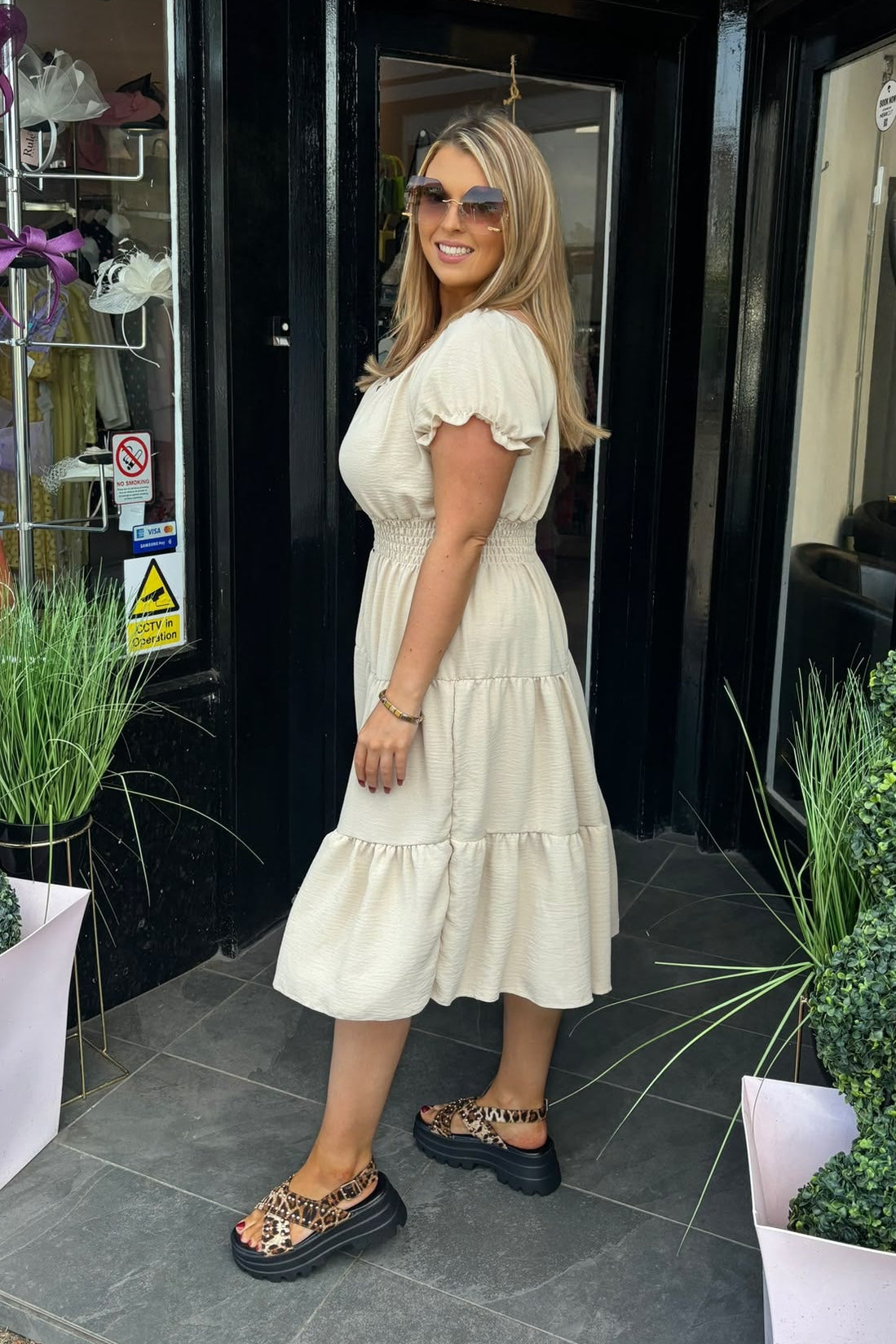 Plain Beige Shirred Waist Midi Summer Dress