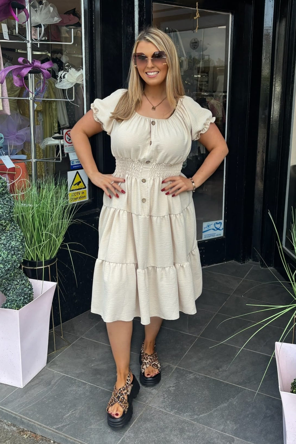 Plain Beige Shirred Waist Midi Summer Dress