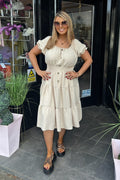 Plain Beige Shirred Waist Midi Summer Dress
