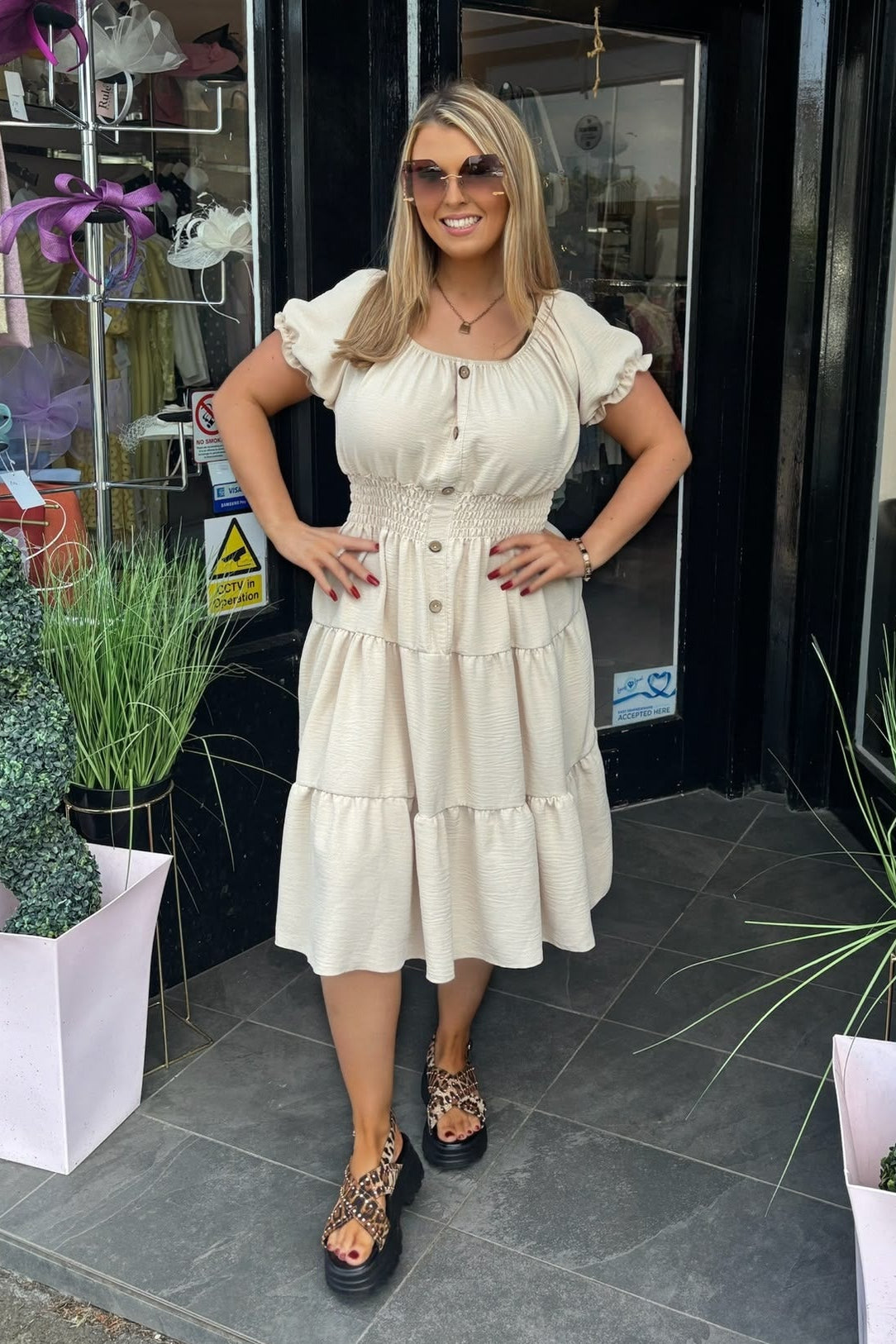 Plain Beige Shirred Waist Midi Summer Dress