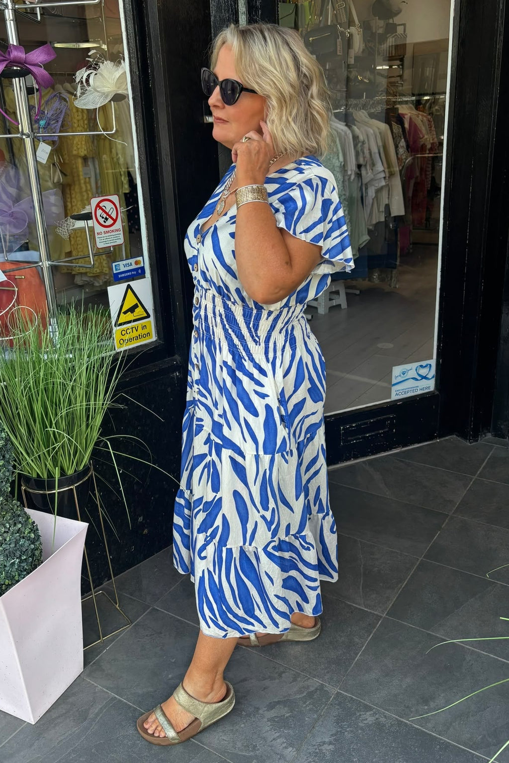 Royal Blue & Beige Animal Shirred Waist Midi Summer Dress
