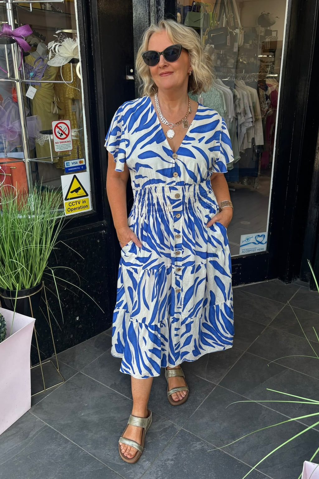 Royal Blue & Beige Animal Shirred Waist Midi Summer Dress