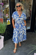 Royal Blue & Beige Animal Shirred Waist Midi Summer Dress
